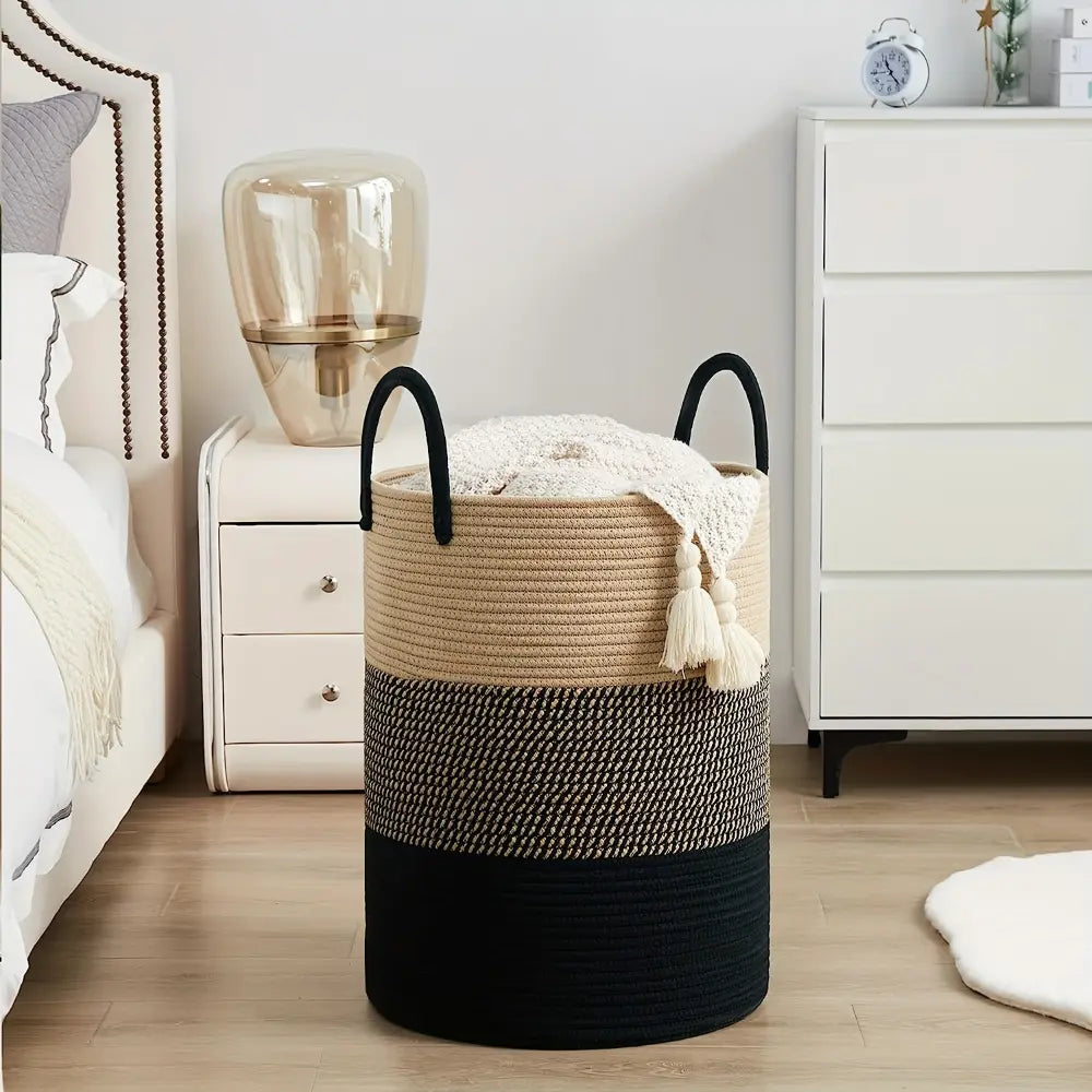 Gevlochten Wasmand Katoen 58L – Natuurlijk Opbergoplossing met Stevige Handvatten – Opvouwbare Wasmand voor Slaapkamer en Badkamer | Sansoti