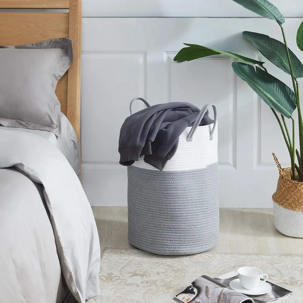 Gevlochten Wasmand Katoen 58L – Natuurlijk Opbergoplossing met Stevige Handvatten – Opvouwbare Wasmand voor Slaapkamer en Badkamer | Sansoti