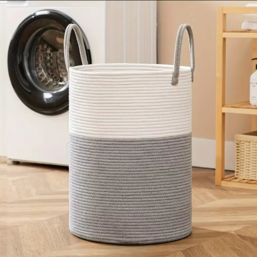 Gevlochten Wasmand Katoen 58L – Natuurlijk Opbergoplossing met Stevige Handvatten – Opvouwbare Wasmand voor Slaapkamer en Badkamer | Sansoti