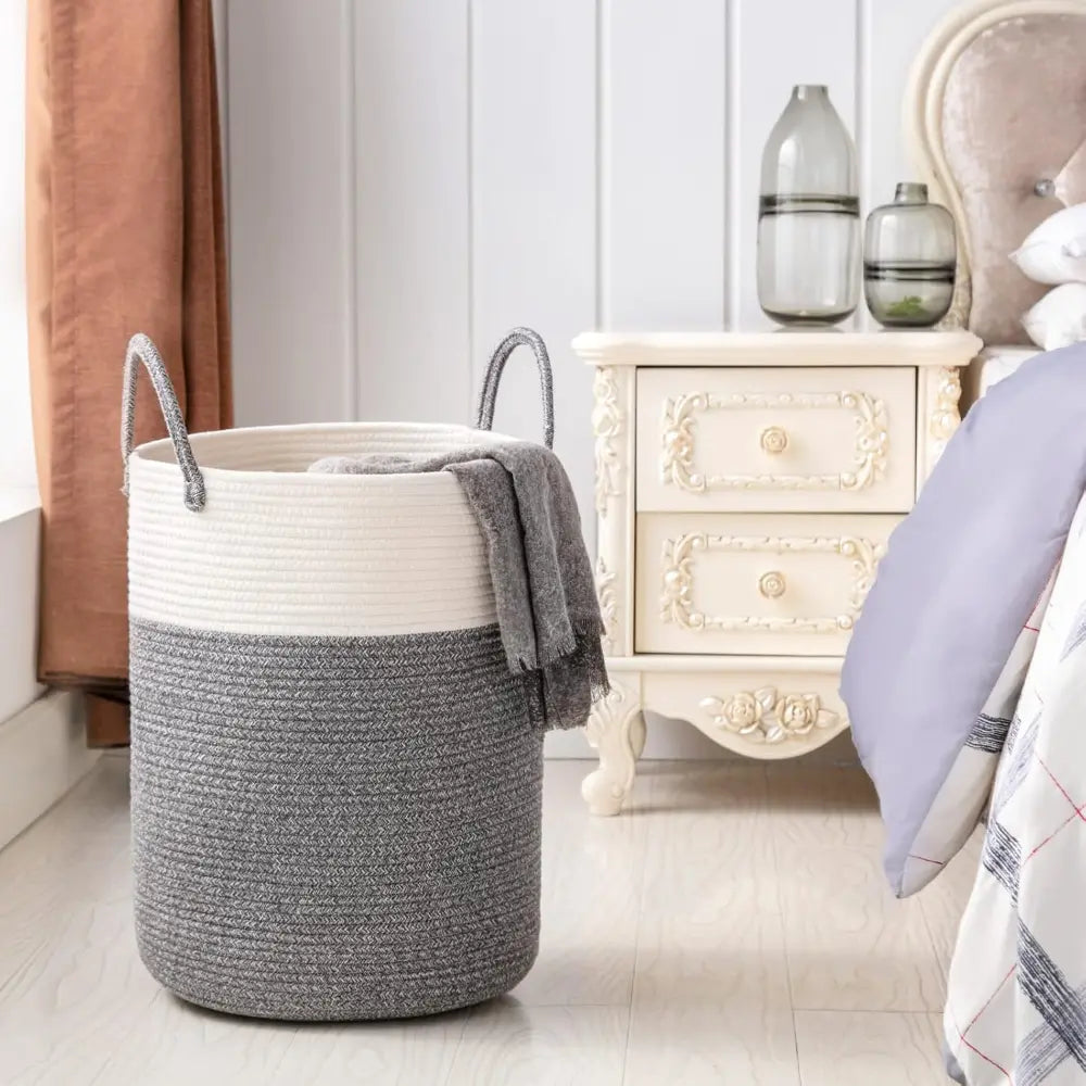 Gevlochten Wasmand Katoen 58L – Natuurlijk Opbergoplossing met Stevige Handvatten – Opvouwbare Wasmand voor Slaapkamer en Badkamer | Sansoti