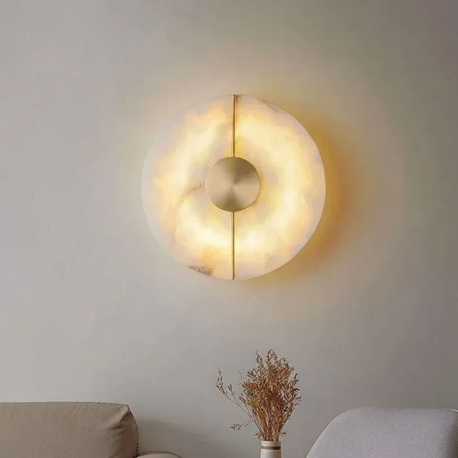 Ronde Wandlamp Natuursteen LED Warm Diffuus Licht Hal Slaapkamer Woonkamer Modern Design Koper Sfeervol | Sansoti
