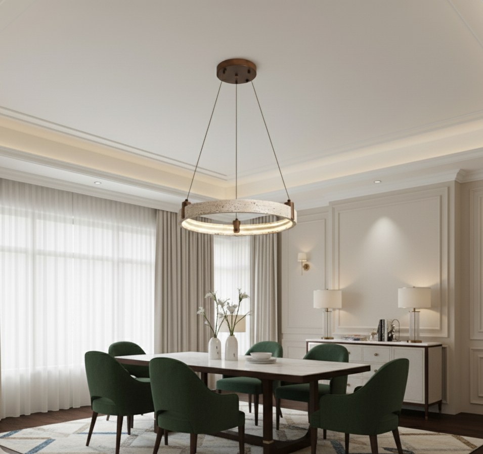 Runde Naturstein-Deckenleuchte aus Travertin, dimmbare LED-Hängeleuchte für Wohnzimmer und Esszimmer, luxuriöses Design-Interieur | Sansoti