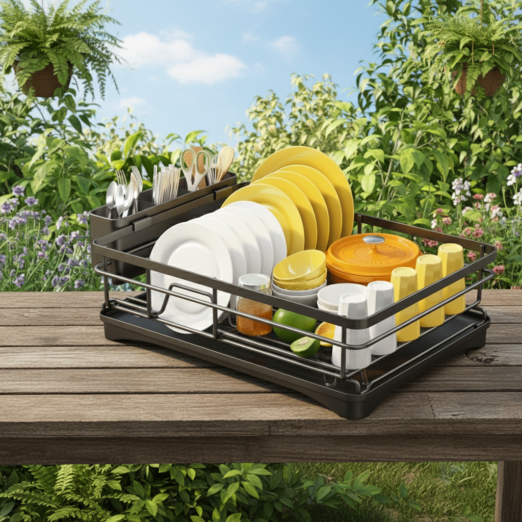 Abtropfgestell mit Abtropfschale aus Kunststoff und Metall, 42 cm, für Teller, Besteck und Gläser, kompakte Küchenorganisation, Abtropfständer | Sansoti