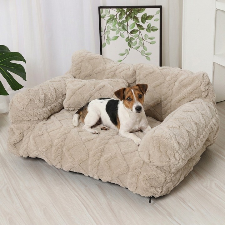 Pluche Hondenmand met Verhoogde Rand Beige Khaki Grijs Zwart Rustgevend Kussen S M L Katoenvulling | Sansoti