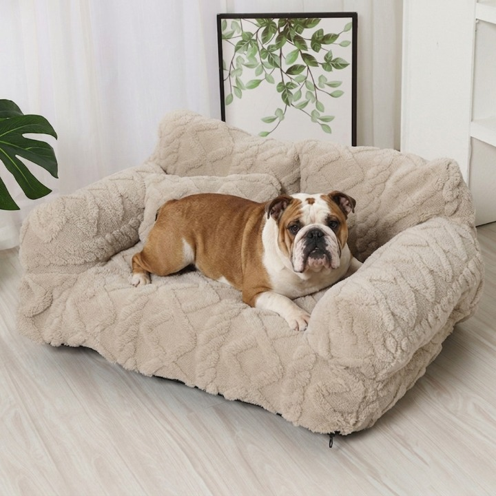 Pluche Hondenmand met Verhoogde Rand Beige Khaki Grijs Zwart Rustgevend Kussen S M L Katoenvulling | Sansoti