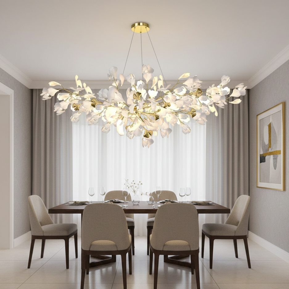 Keramische Hangkroonluchter Ginkgoblad Goudkleurig LED Eetkamer Woonkamer Hal Verstelbare Hoogte 150cm | Sansoti