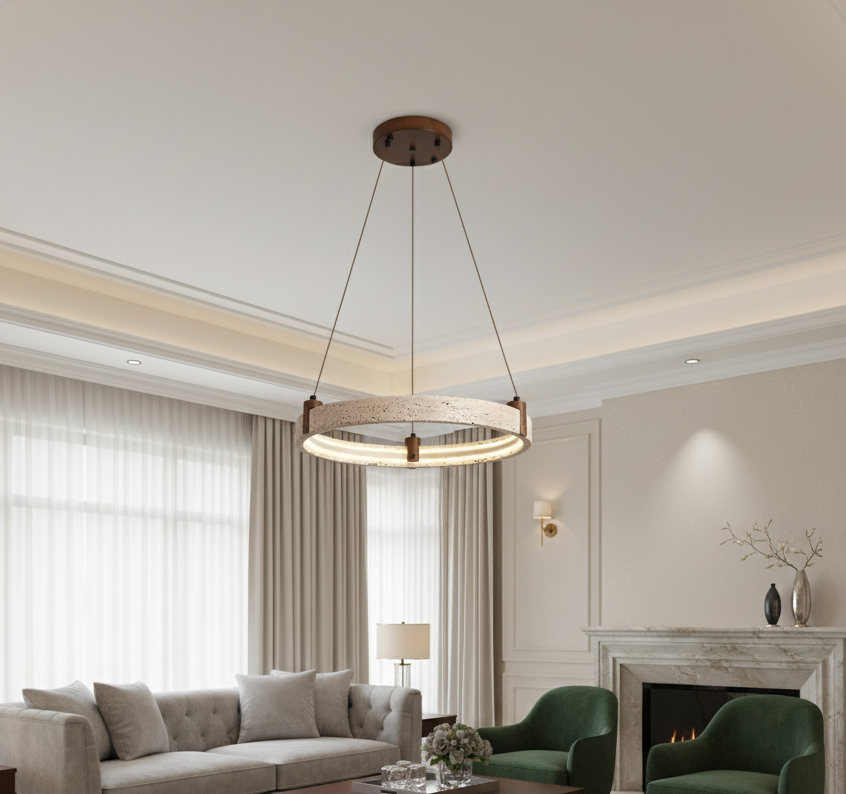 Runde Naturstein-Deckenleuchte aus Travertin, dimmbare LED-Hängeleuchte für Wohnzimmer und Esszimmer, luxuriöses Design-Interieur | Sansoti