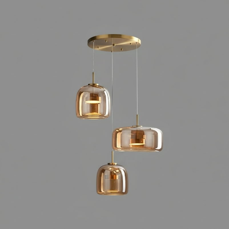 Handgeblasene Glaspendelleuchte aus bernsteinfarbenem Rauchglas mit LED für Esstisch und Wohnzimmer, Deckenbeleuchtung, schwebendes modernes Design | Sansoti