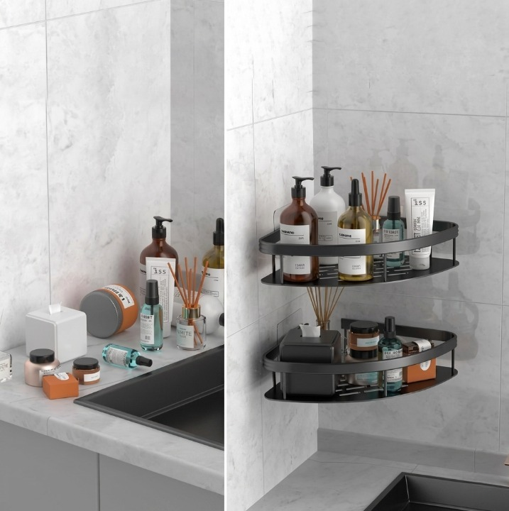 Aluminium Hoekplank voor Douche en Badkamer zonder Boren met Sterke Kleefpad Zwart Zilver | Sansoti