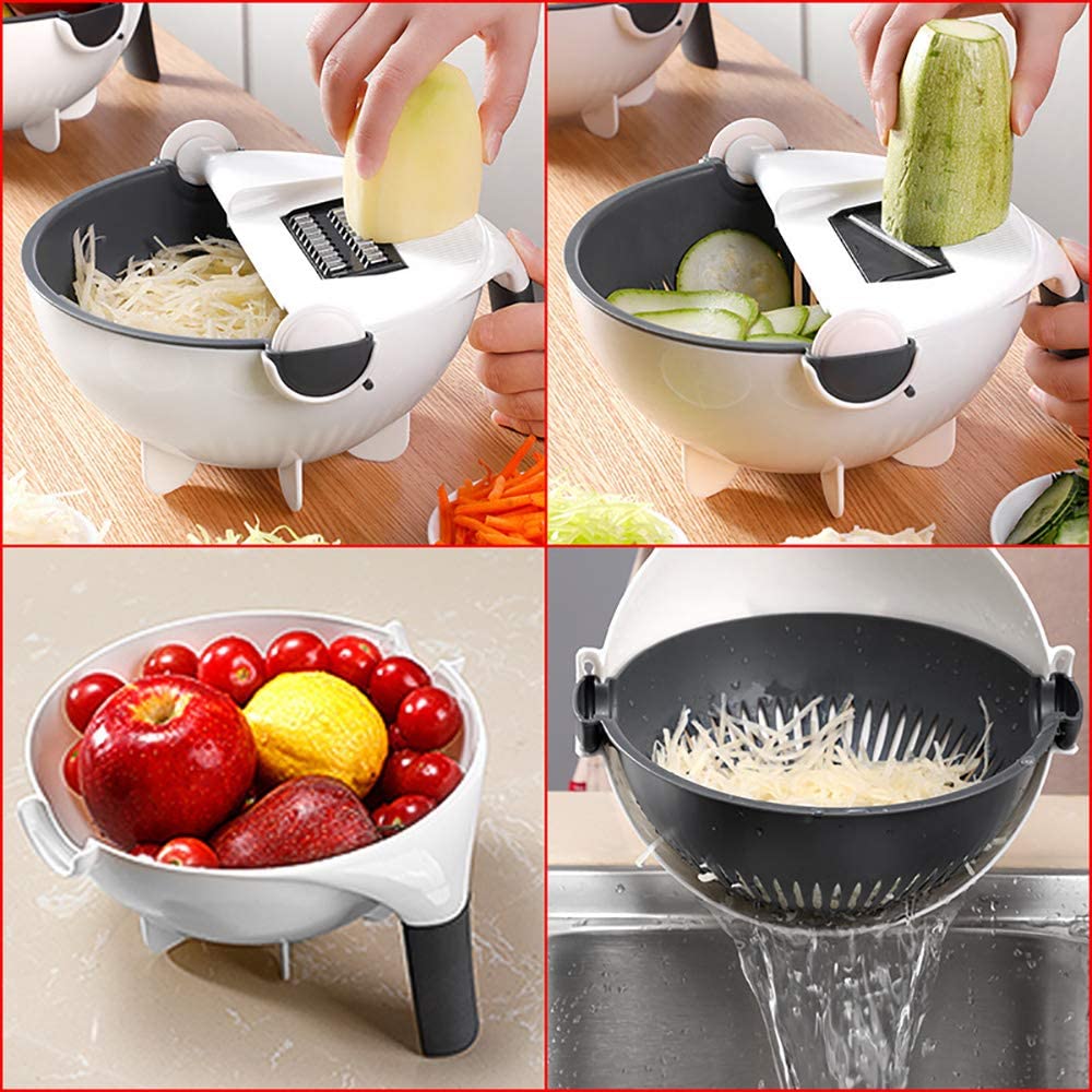 Groentesnijder Multifunctioneel met Vergiet - Rasp Schaaf Julienne Set - Keukensnijder - Inclusief Meerdere Messen - Wit Grijs | Sansoti