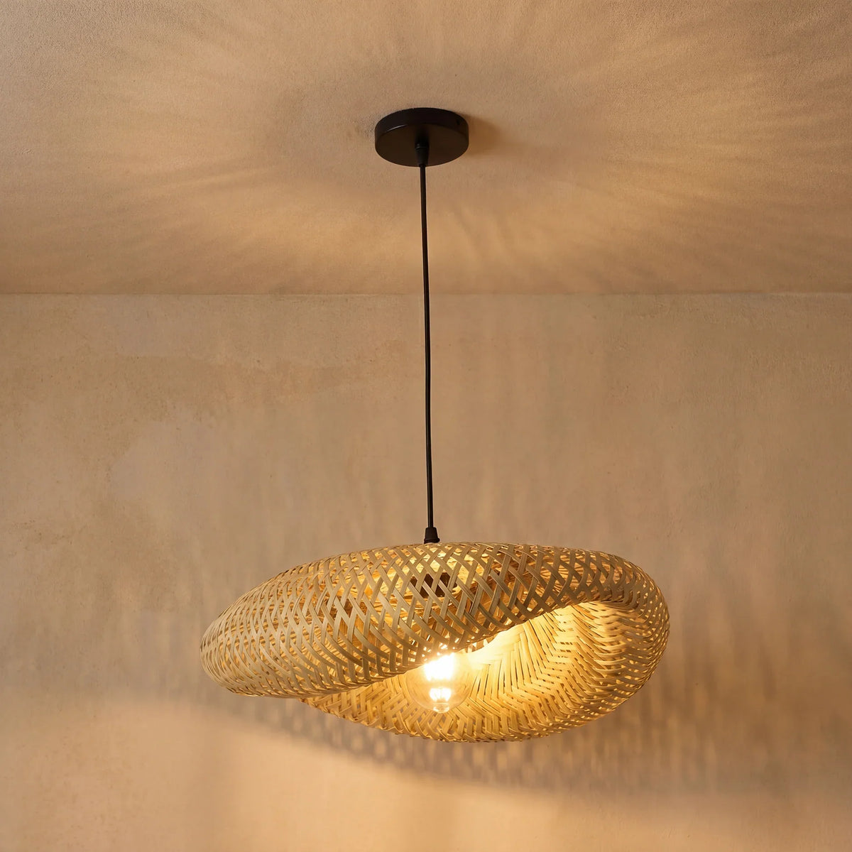 Suspension en bambou tressé E27, design scandinave, salle à manger, cuisine, salon, style naturel, vintage et bohème | Sansoti
