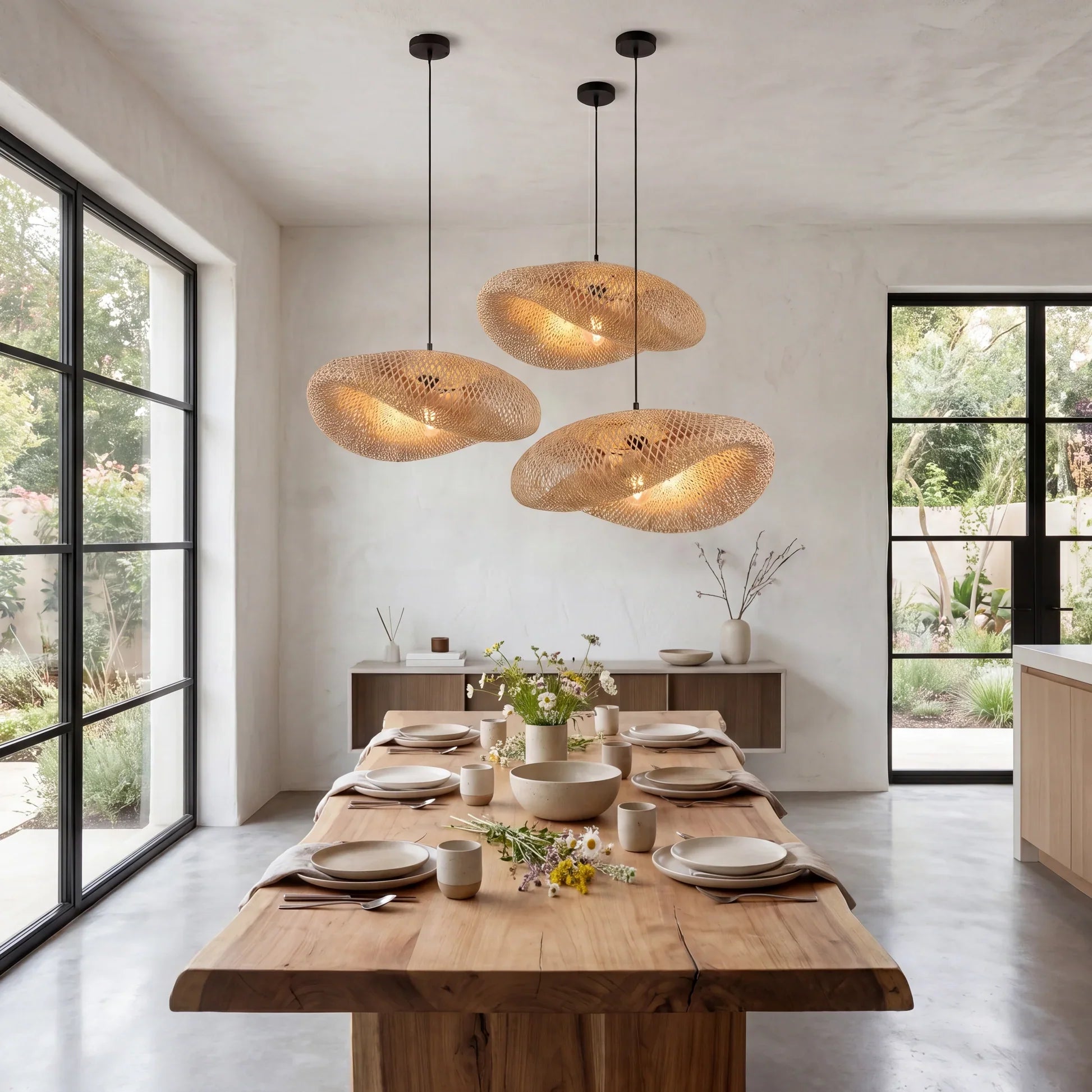 Suspension en bambou tressé E27, design scandinave, salle à manger, cuisine, salon, style naturel, vintage et bohème | Sansoti