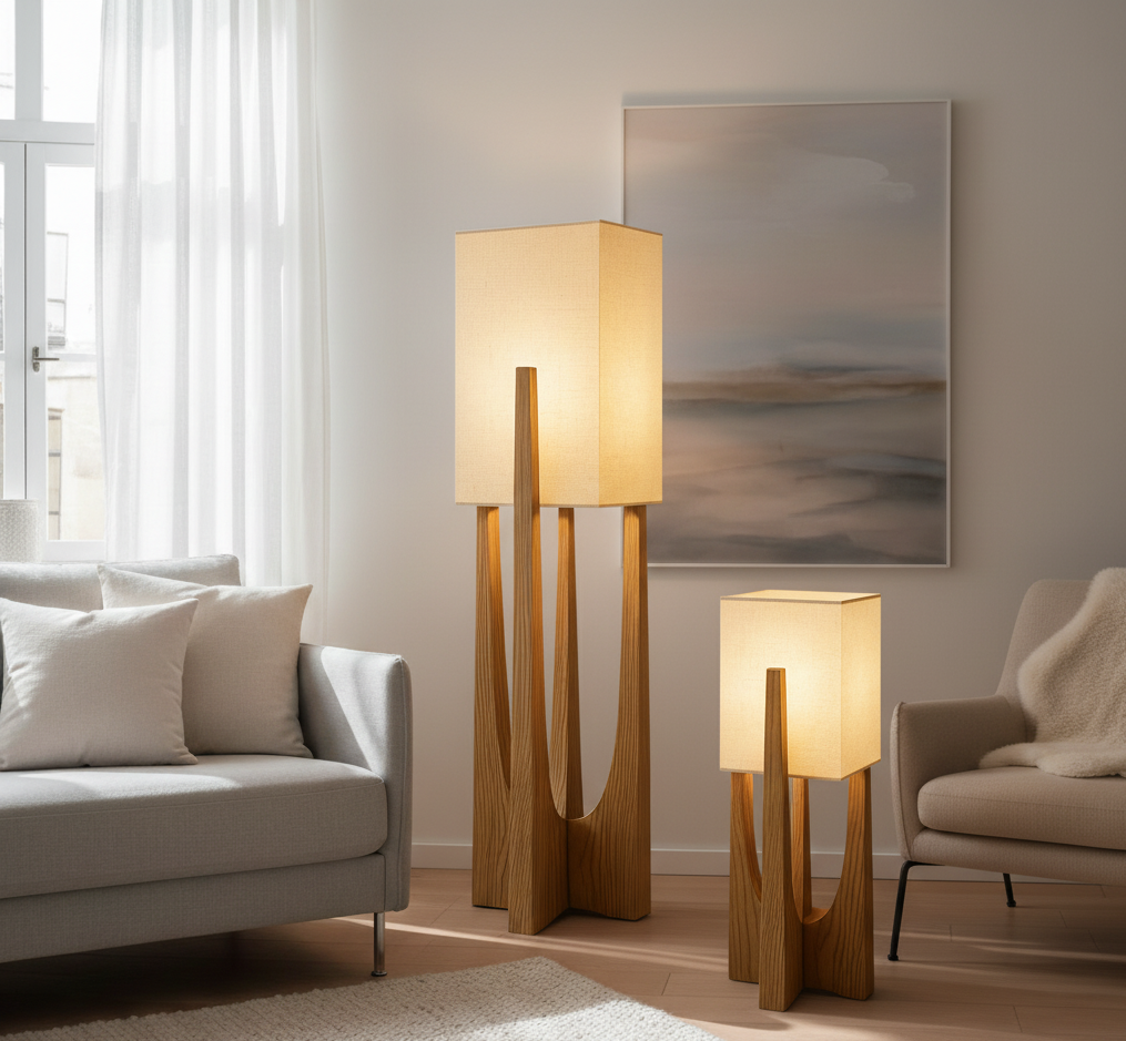 Japanische Stehlampe Stoff und Holz | Natürliches warmes Stimmungslicht Wohnzimmer Schlafzimmer Leseecke Design | Sansoti