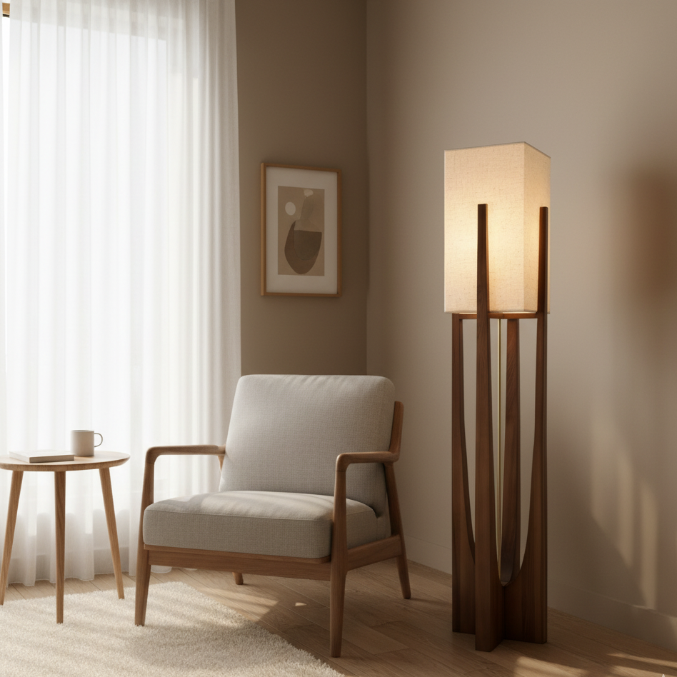 Japanische Stehlampe Stoff und Holz | Natürliches warmes Stimmungslicht Wohnzimmer Schlafzimmer Leseecke Design | Sansoti