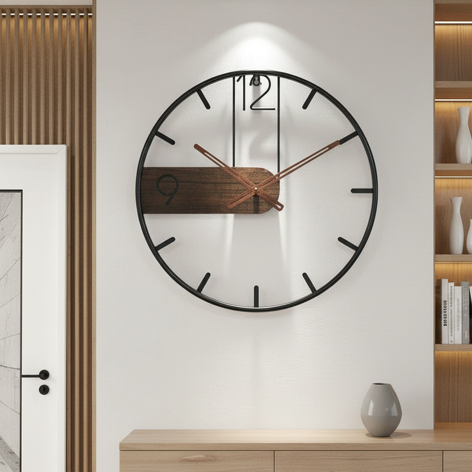 Wandklok Walnoot & Staal Minimalistisch Modern Design Stijlvol Geruisloos Uurwerk Woonkamer Scandinavisch | Sansoti