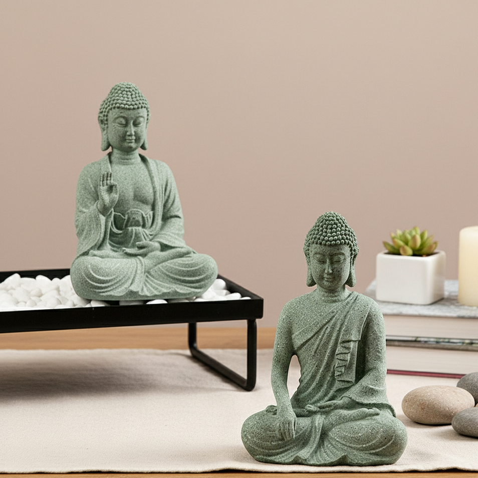 Meditierender Buddha als Dekoration, grüner Sandstein, 8 cm, Wohnzimmer, Büro, Aquarium, spirituelle Figur, Zen-Ornament | Sansoti