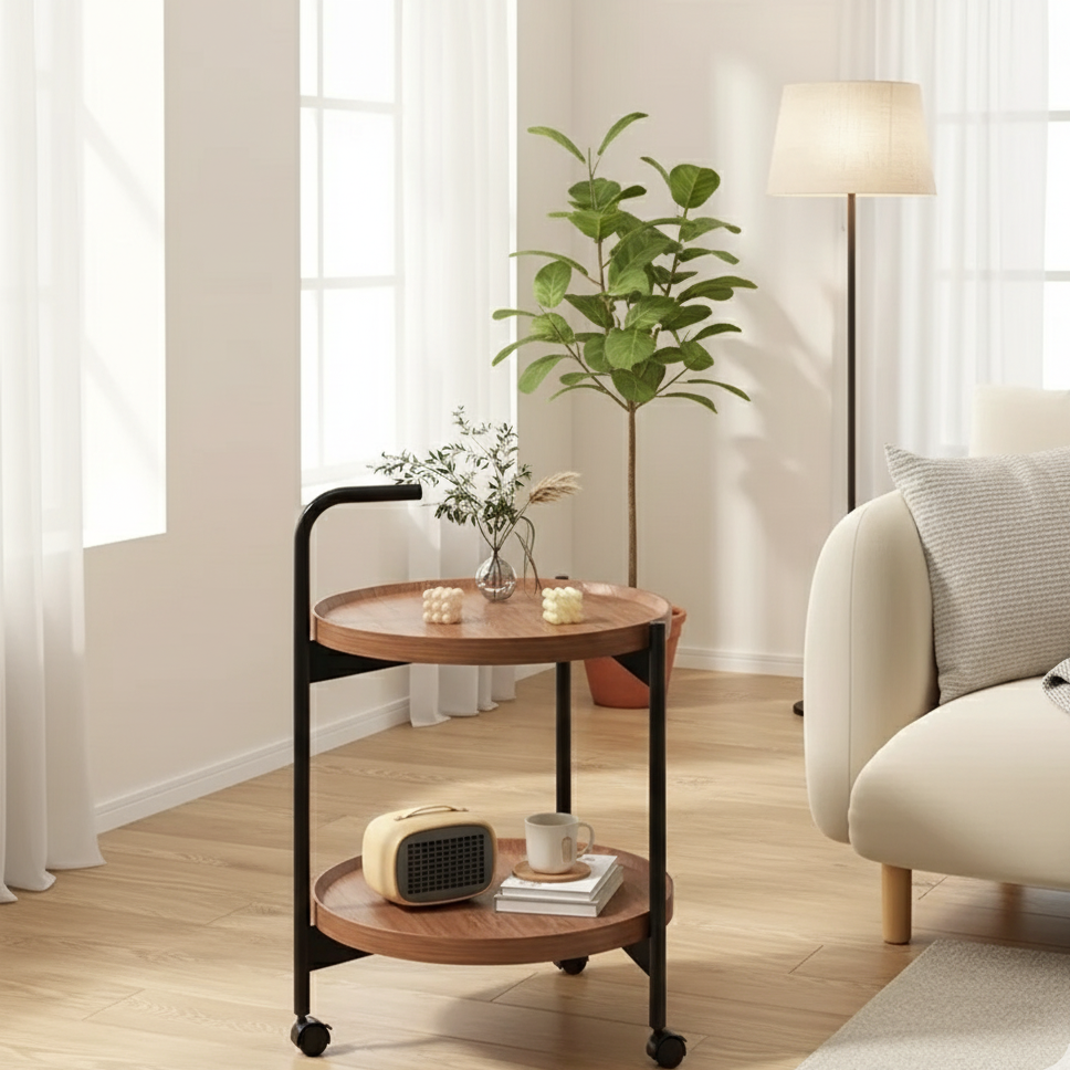 Rollbarer Beistelltisch aus Holz mit zwei Ebenen, rund, 40 cm, für Wohnzimmer und Schlafzimmer, mit Rollen, kompaktes Design, zum Servieren und Aufbewahren | Sansoti
