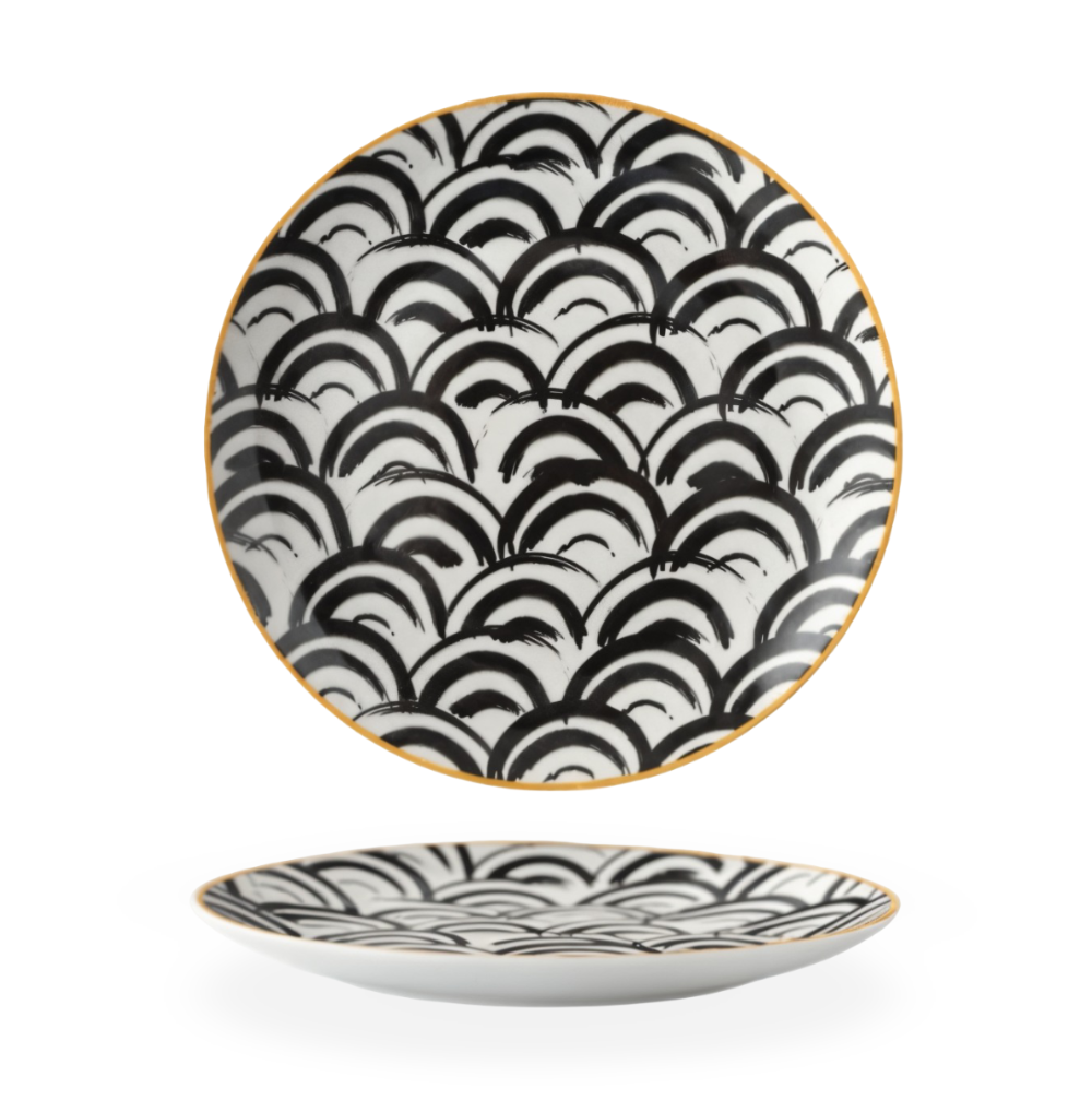 Porzellanteller Geometrisch Schwarz Weiß Goldrand Dekoratives Tischservice Set | Restfield
