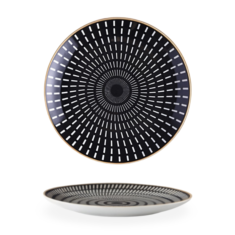 Porzellanteller Geometrisch Schwarz Weiß Goldrand Dekoratives Tischservice Set | Restfield