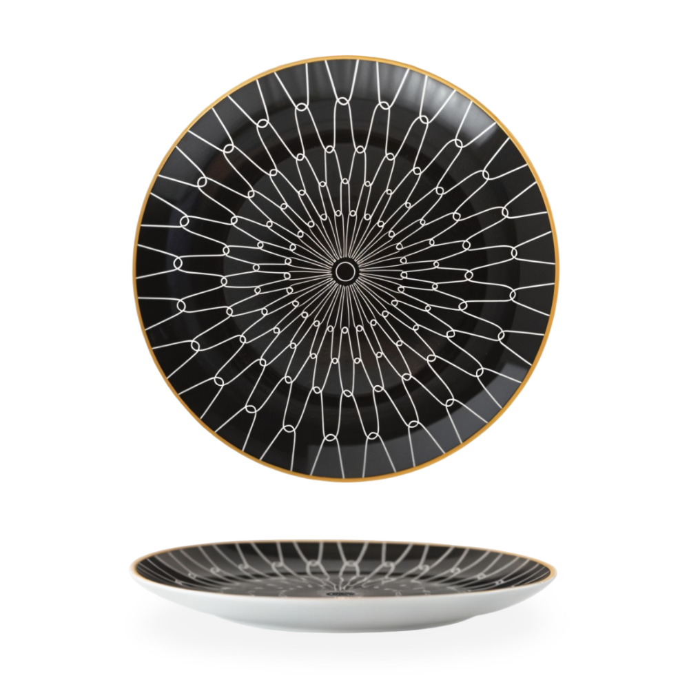 Porzellanteller Geometrisch Schwarz Weiß Goldrand Dekoratives Tischservice Set | Restfield