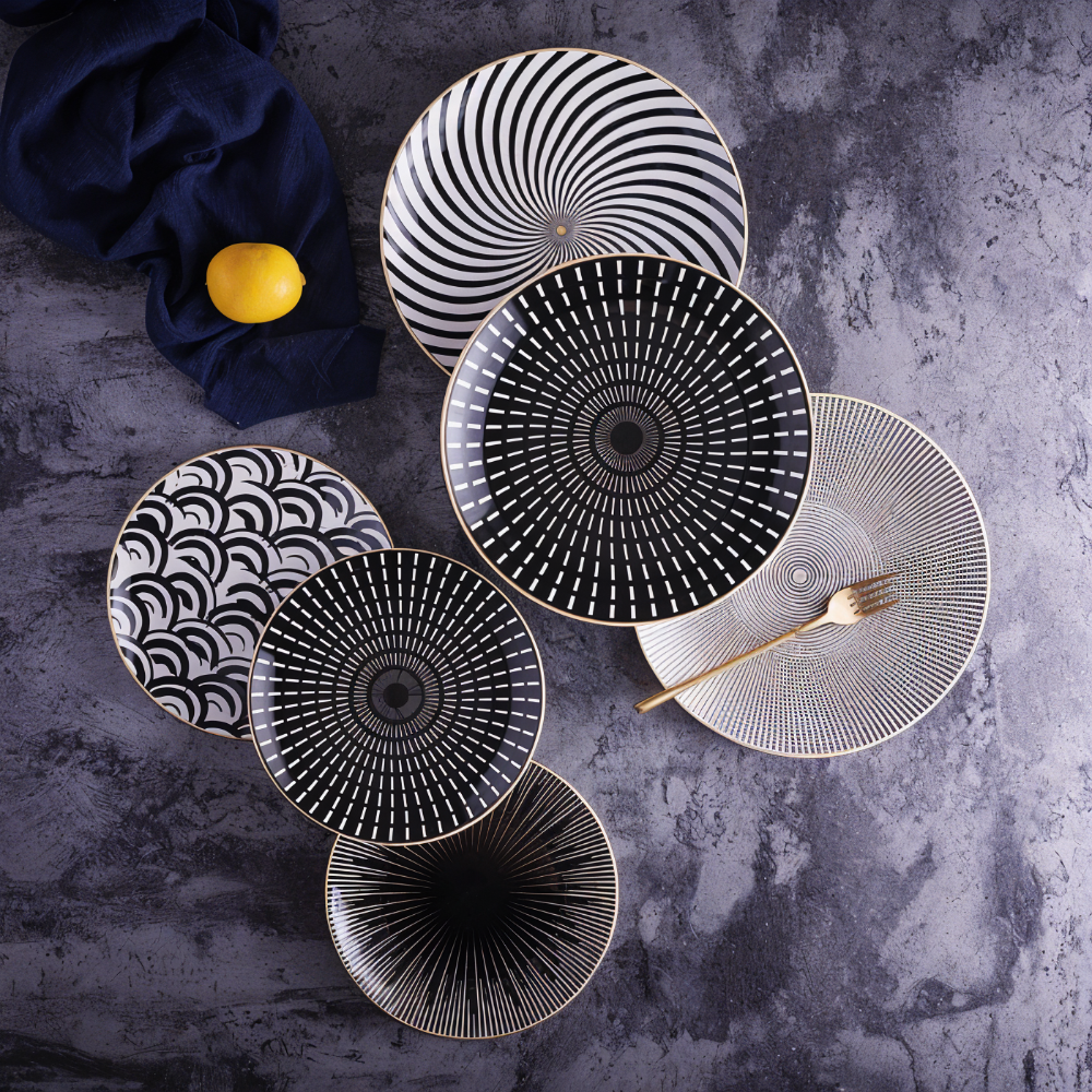 Porzellanteller Geometrisch Schwarz Weiß Goldrand Dekoratives Tischservice Set | Restfield
