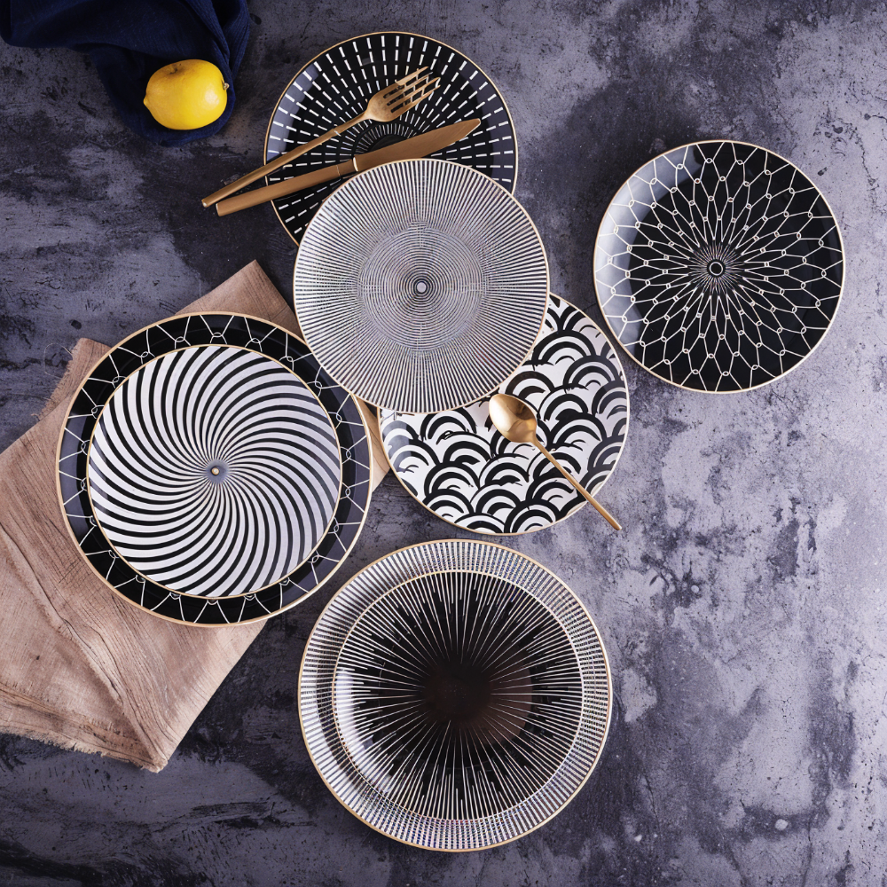 Porzellanteller Geometrisch Schwarz Weiß Goldrand Dekoratives Tischservice Set | Restfield