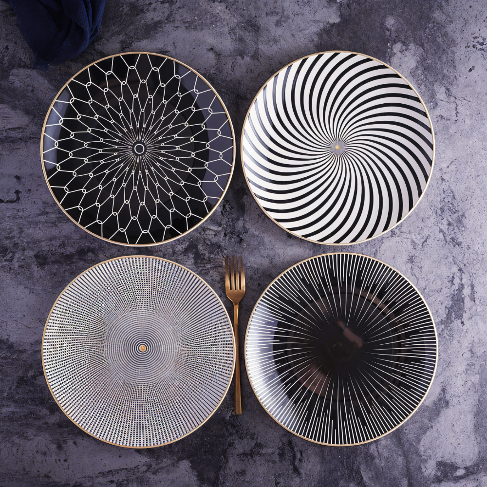Porzellanteller Geometrisch Schwarz Weiß Goldrand Dekoratives Tischservice Set | Restfield