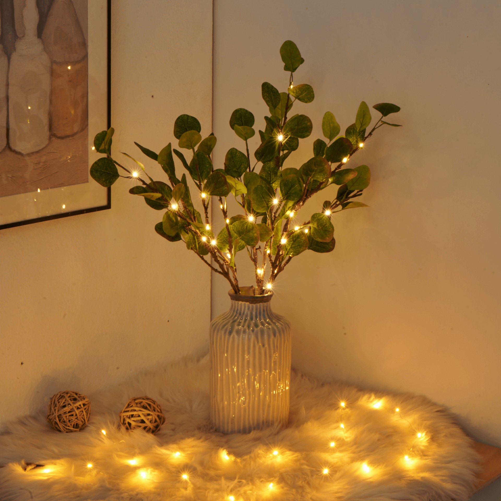 Lichtzweig Olivenzweig LED Warmweiß 70cm 120 Lämpchen Stimmungsbeleuchtung Dekorativer Zweig Lichterkette Wohnzimmer Schlafzimmer Batterie Weihnachten Natur