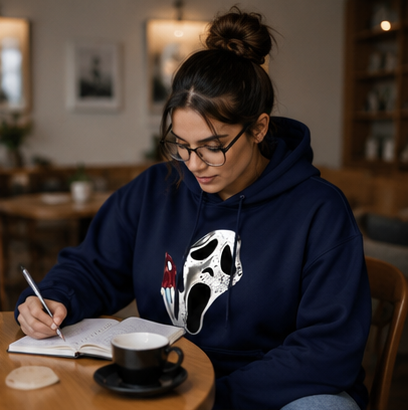 Gothic Hoodie with Double-Sided Print Unisex Fleece Streetwear Black White Gray Hooded Sweatshirt Urban Style | Sansoti