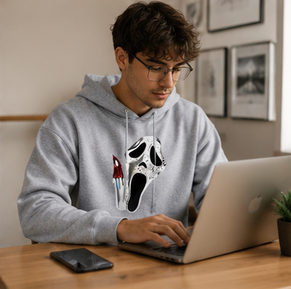 Gothic Hoodie with Double-Sided Print Unisex Fleece Streetwear Black White Gray Hooded Sweatshirt Urban Style | Sansoti