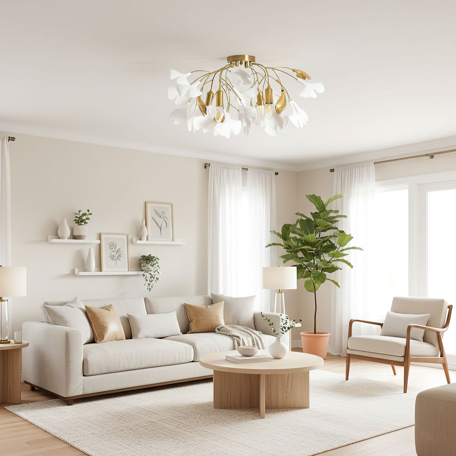 Keramische Hanglamp Ginkgo-Blad – Goudkleurige Armatuur met Witte Bladeren – Modern Natuurgeïnspireerd Design voor Woonkamer Eetkamer Slaapkamer | Sansoti