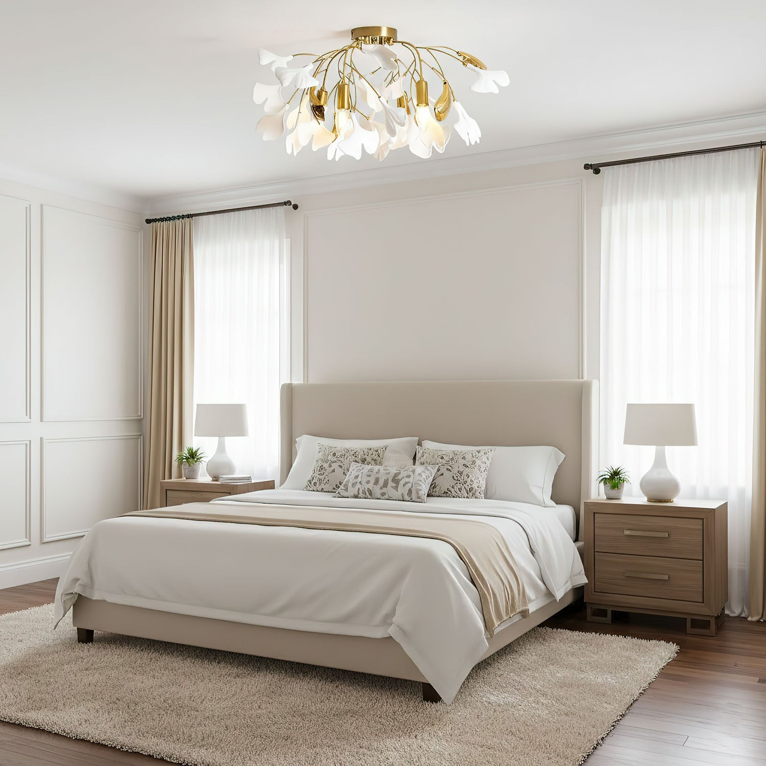 Keramische Hanglamp Ginkgo-Blad – Goudkleurige Armatuur met Witte Bladeren – Modern Natuurgeïnspireerd Design voor Woonkamer Eetkamer Slaapkamer | Sansoti
