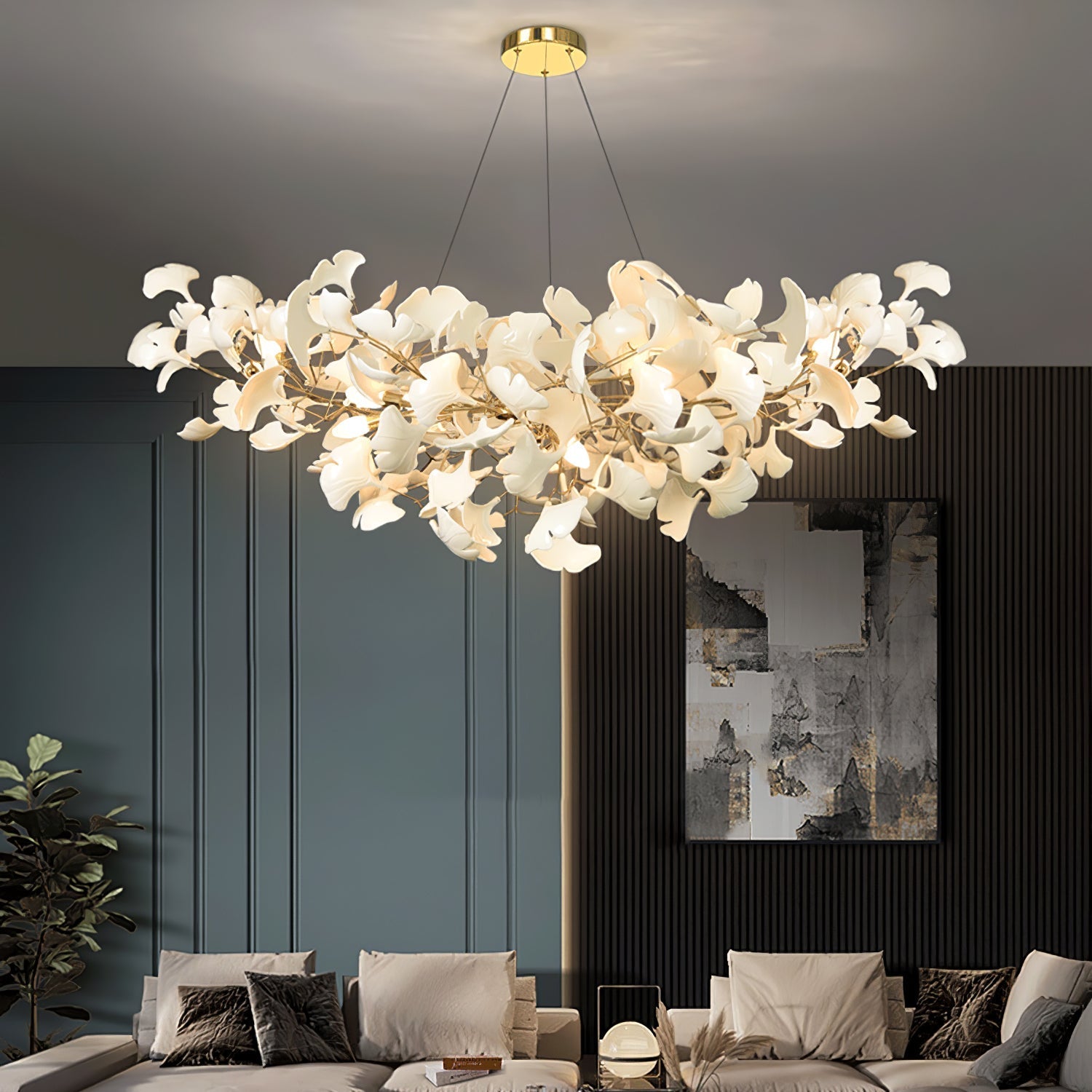 Lustre Gingko porcelaine LED blanc suspension salle à manger design moderne réglable éclairage plafonnier | Restfield