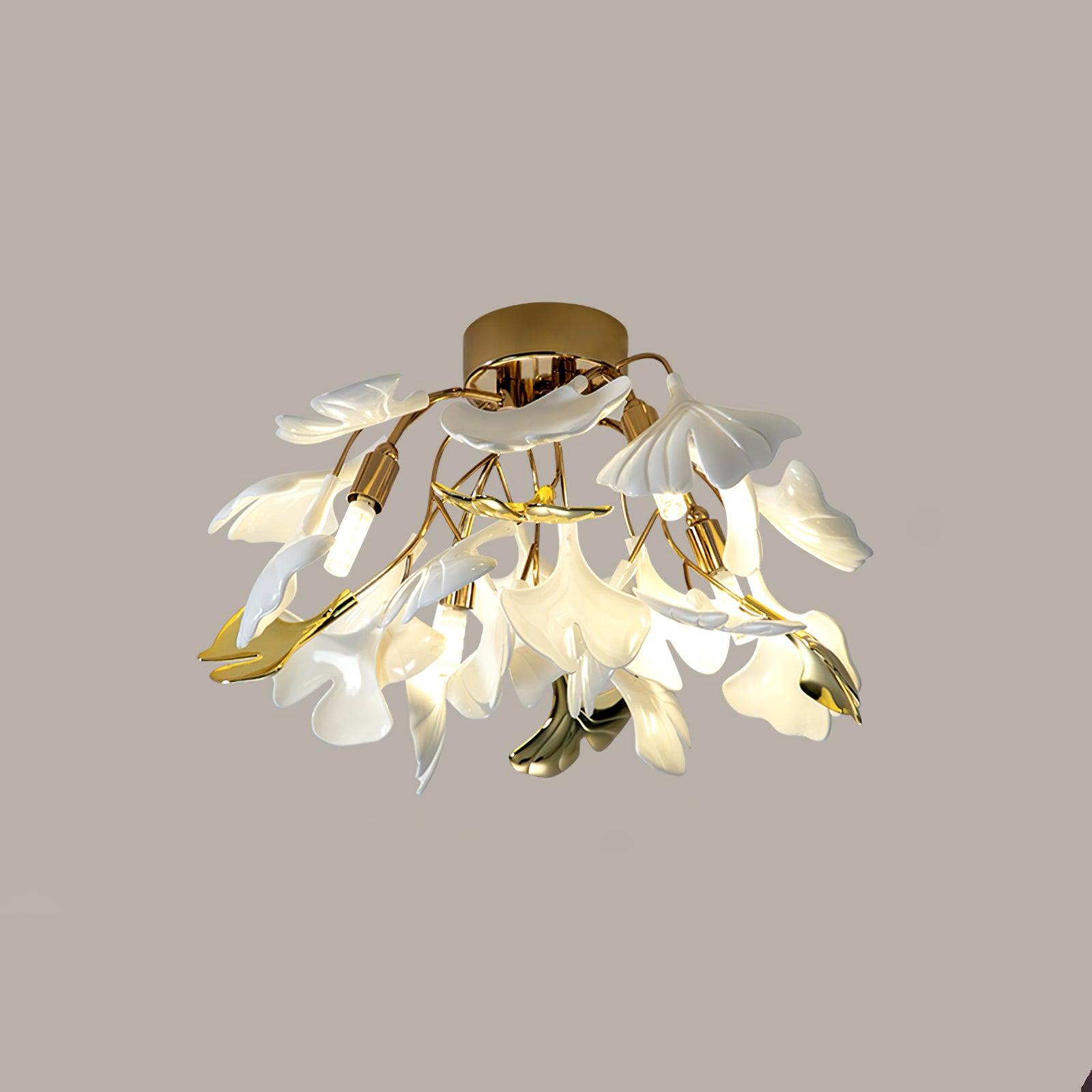 Keramische Hanglamp Ginkgo-Blad – Goudkleurige Armatuur met Witte Bladeren – Modern Natuurgeïnspireerd Design voor Woonkamer Eetkamer Slaapkamer | Sansoti