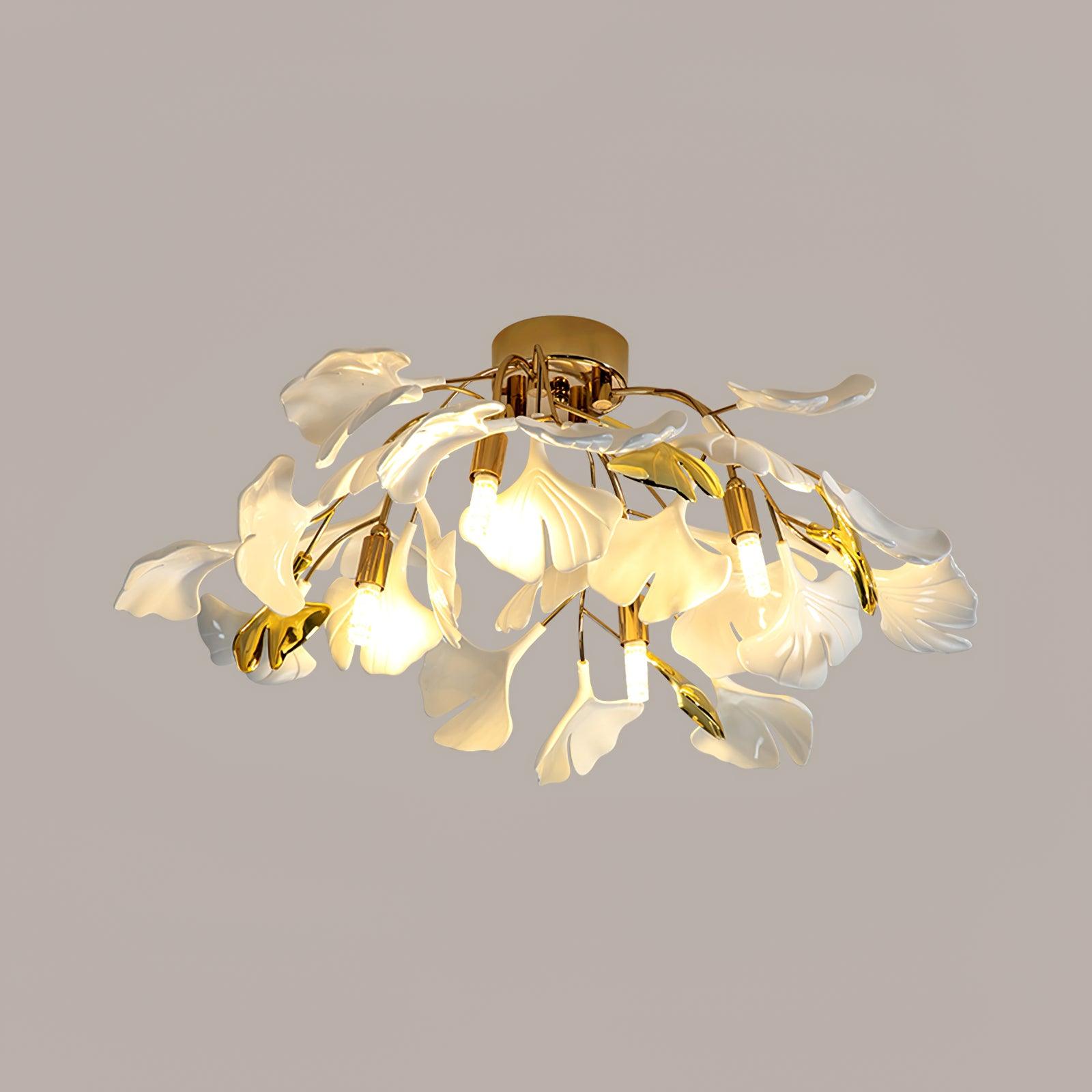 Keramische Hanglamp Ginkgo-Blad – Goudkleurige Armatuur met Witte Bladeren – Modern Natuurgeïnspireerd Design voor Woonkamer Eetkamer Slaapkamer | Sansoti