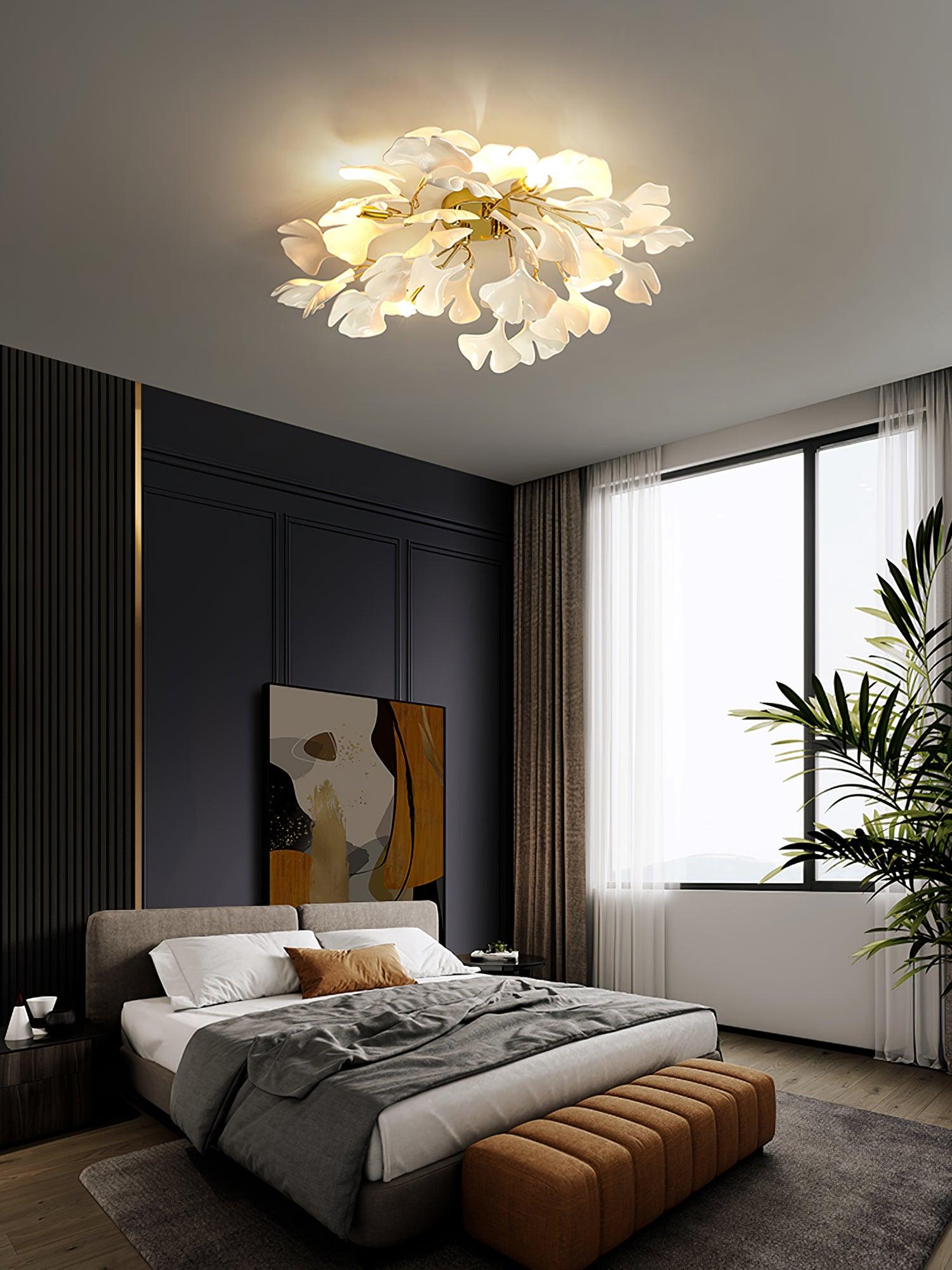 Keramische Hanglamp Ginkgo-Blad – Goudkleurige Armatuur met Witte Bladeren – Modern Natuurgeïnspireerd Design voor Woonkamer Eetkamer Slaapkamer | Sansoti