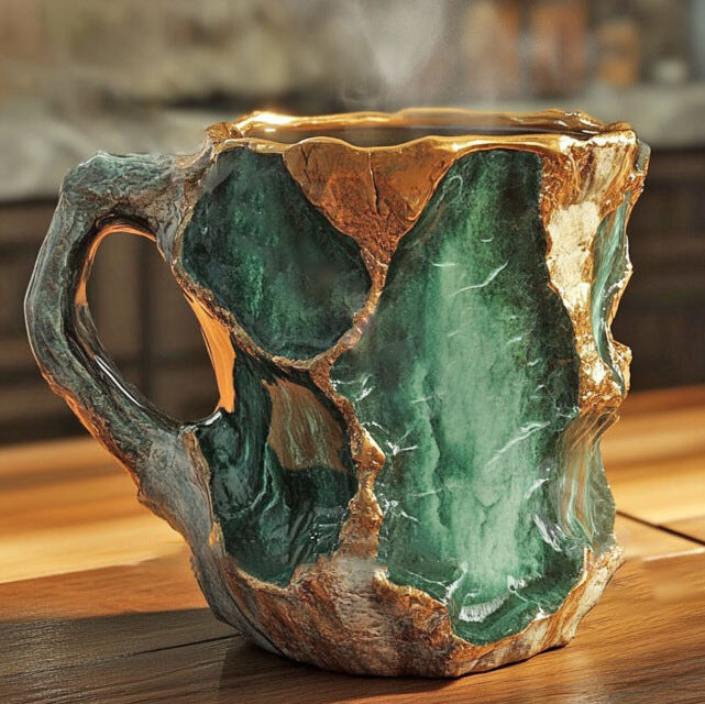 Handgefertigter Kristallglasbecher 350-450 ml mit Natursteinoptik, Kaffeetasse und Teeglas, wärmeisolierend, doppelwandig | Sansoti