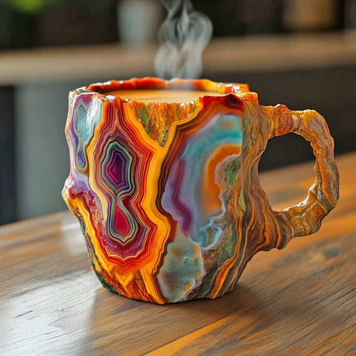 Handgefertigter Kristallglasbecher 350-450 ml mit Natursteinoptik, Kaffeetasse und Teeglas, wärmeisolierend, doppelwandig | Sansoti