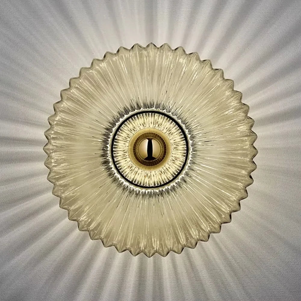 Ronde Glazen Wandlamp Geribbeld Schelp Design Goud Amber Woonkamer | Sansoti