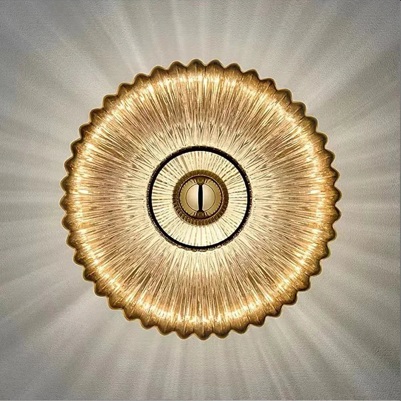 Ronde Glazen Wandlamp Geribbeld Schelp Design Goud Amber Woonkamer | Sansoti