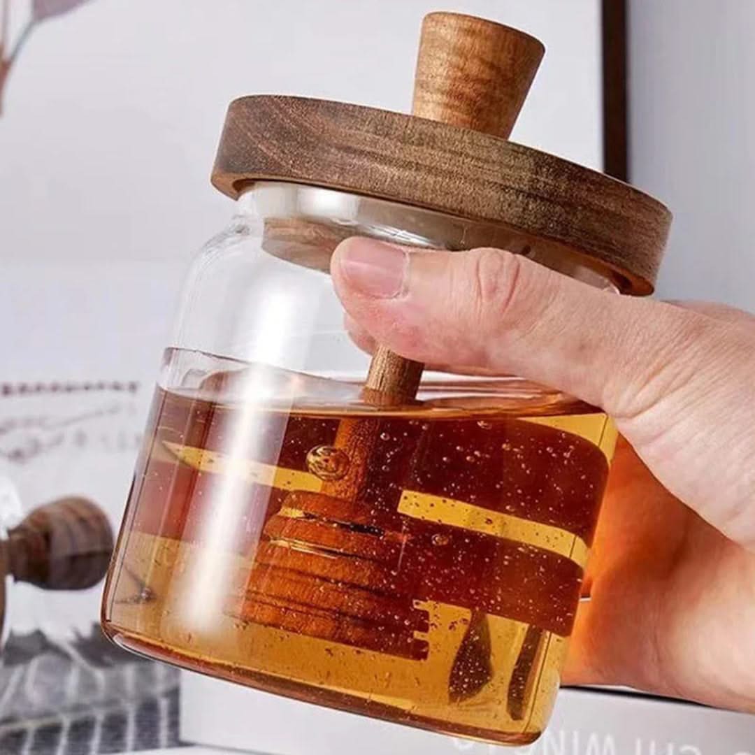 Szklany słoik na miód z drewnianą łyżeczką 500 ml, pojemnik kuchenny do przechowywania, pałeczka do miodu, skandynawski design kuchni | Sansoti