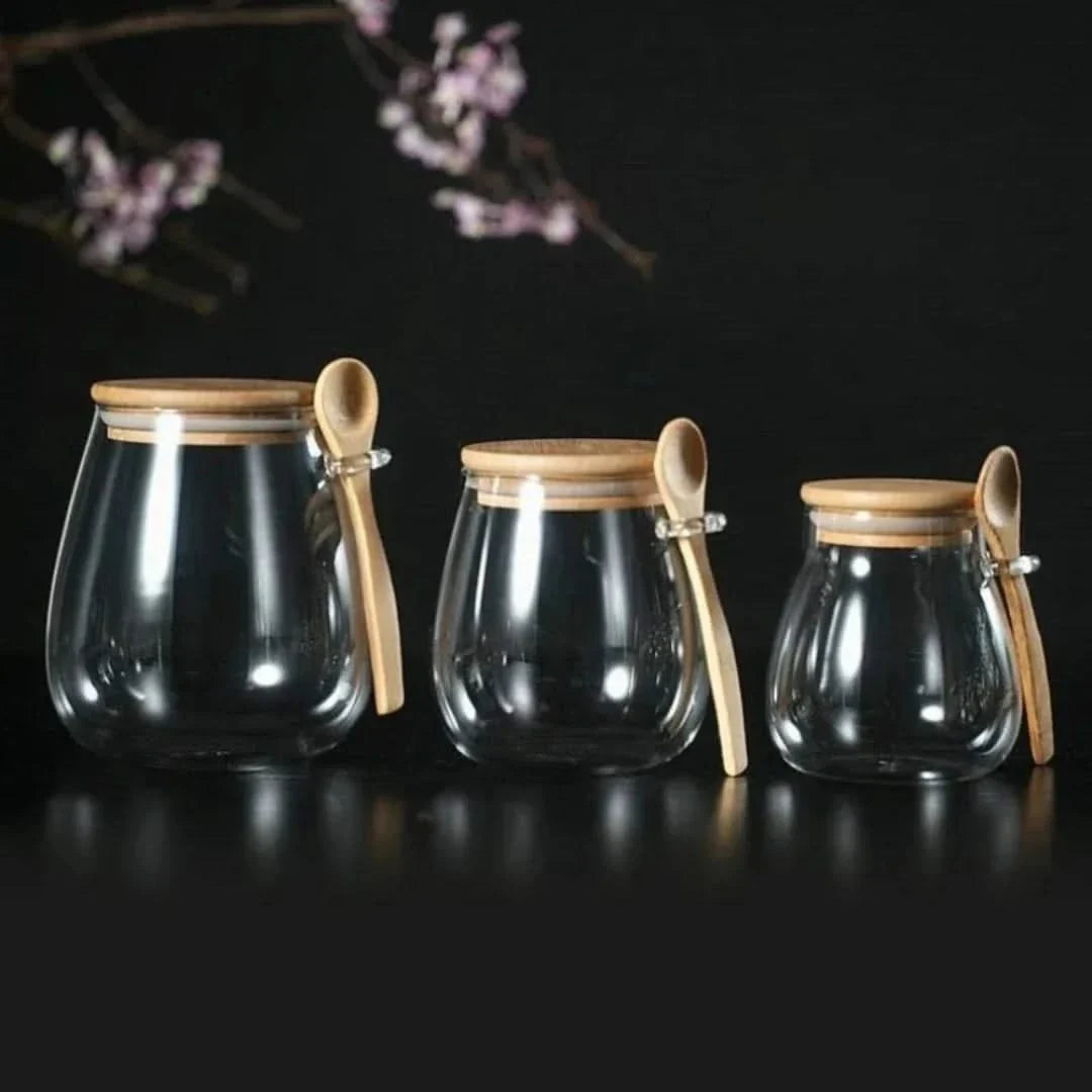 Glas-Vorratsglas mit Bambusdeckel und Löffel 350ml 600ml 1000ml luftdicht Küchenutensilien Aufbewahrung Vorratsbehälter | Sansoti