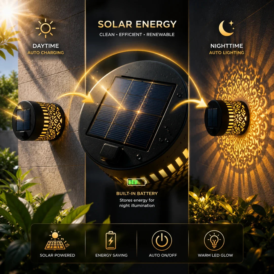 Decorative Outdoor Wall Light with Pattern Projection, Solar-Powered, Waterproof IP65, Iron, for Garden and Patio | Sansoti