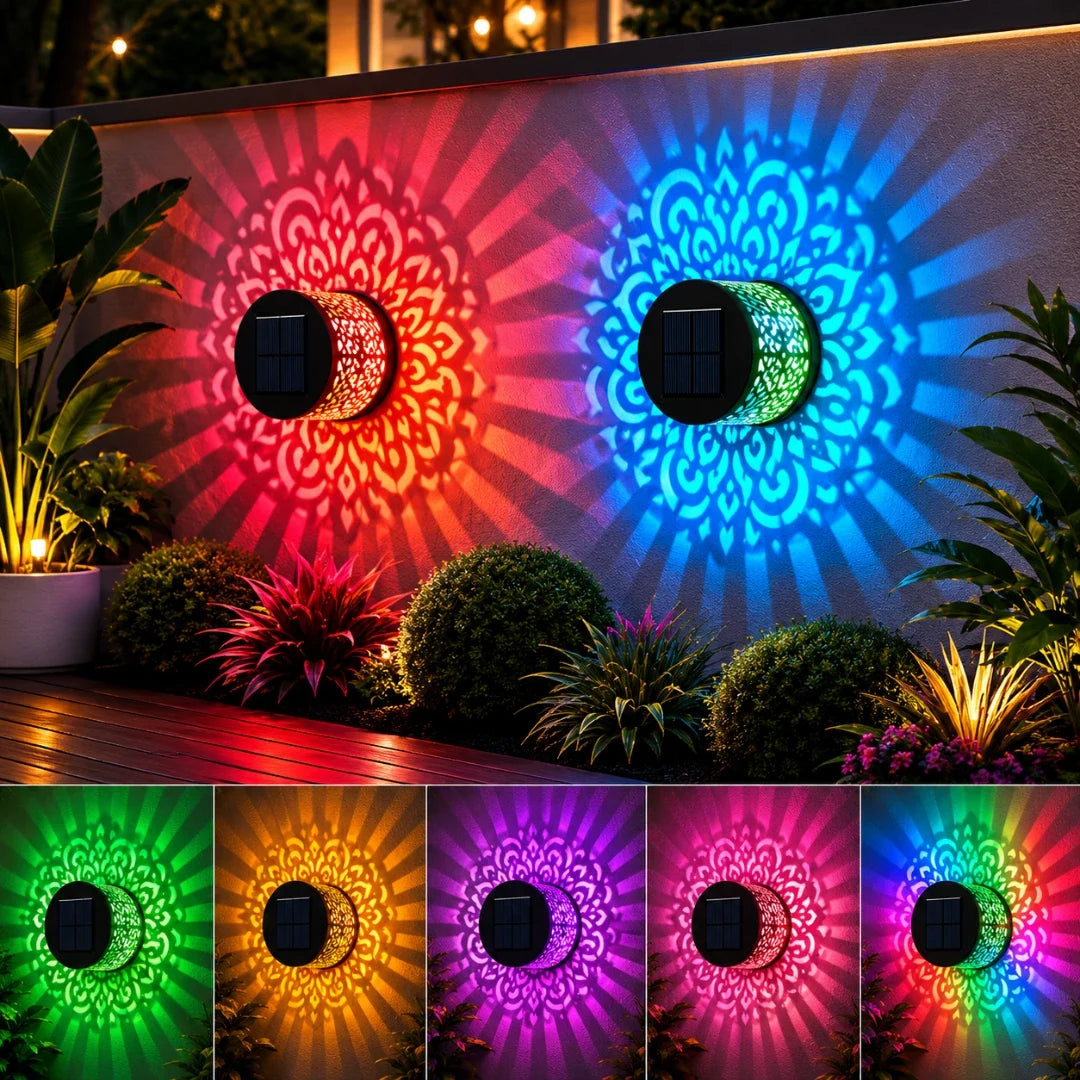 Decorative Outdoor Wall Light with Pattern Projection, Solar-Powered, Waterproof IP65, Iron, for Garden and Patio | Sansoti