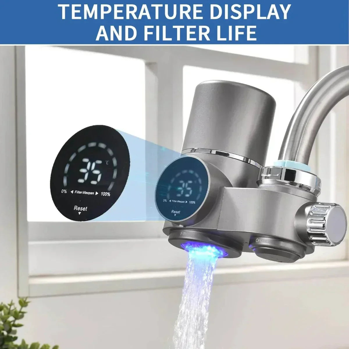 Wasserhahnfilter mit LED-Temperaturanzeige aus ABS und Edelstahl, zwei Modi, Wasseraufbereitung für die Küchenarmatur | Sansoti