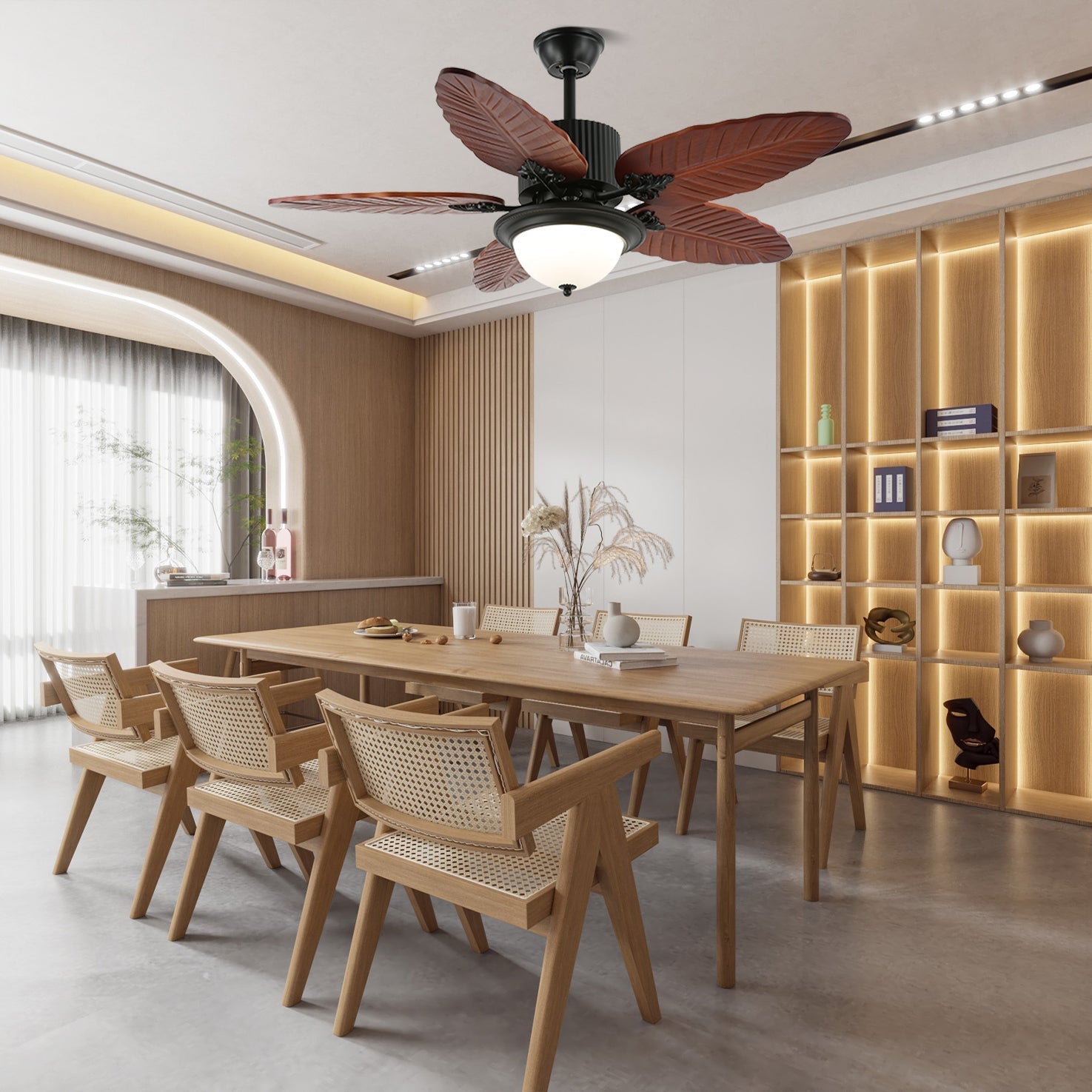 Tropische Plafondventilator met Verlichting en Afstandsbediening – Natuurlijk Design met Glazen Kap | Sansoti