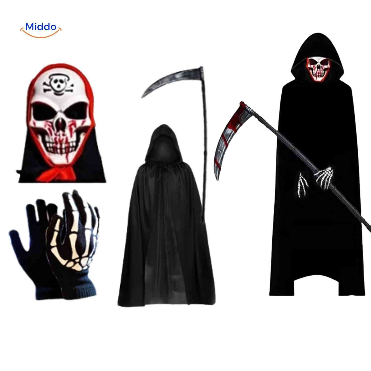 Halloween Grim Reaper Costume Set with Cape, Mask, Gloves, and Scythe for Horror Parties and Cosplay | Sansoti