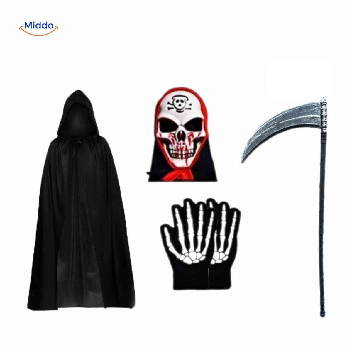 Halloween Grim Reaper Costume Set with Cape, Mask, Gloves, and Scythe for Horror Parties and Cosplay | Sansoti