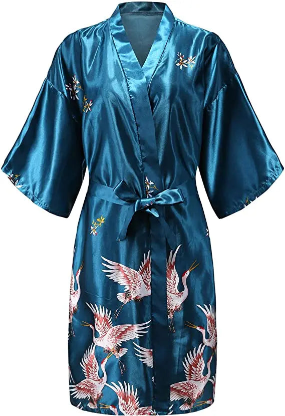 Satin Kimono Robe Floral Print Women's Short Sleeve Luxury Dressing Gown Silky Soft Loungewear Sleepwear | Sansoti
