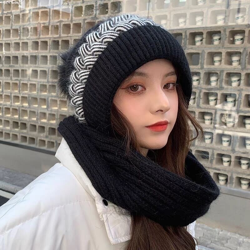 Knitted Hooded Scarf Wool Blend Warm Winter Accessory Women's Wrap Casual Wintry Style Crocheted Scarf | Sansoti